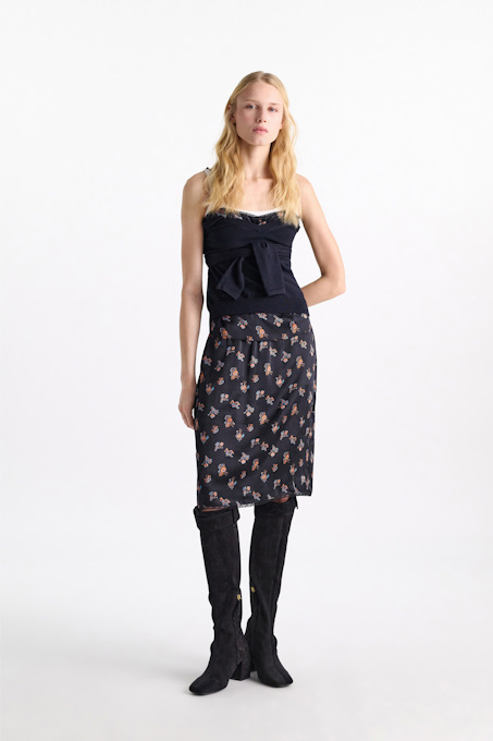 Lingerie-style skirt in printed silk satin