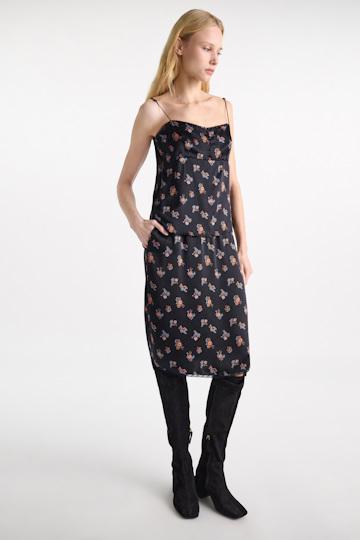 Dorothee Schumacher Lingerie-style skirt in printed silk satin Little Daydream navy orange