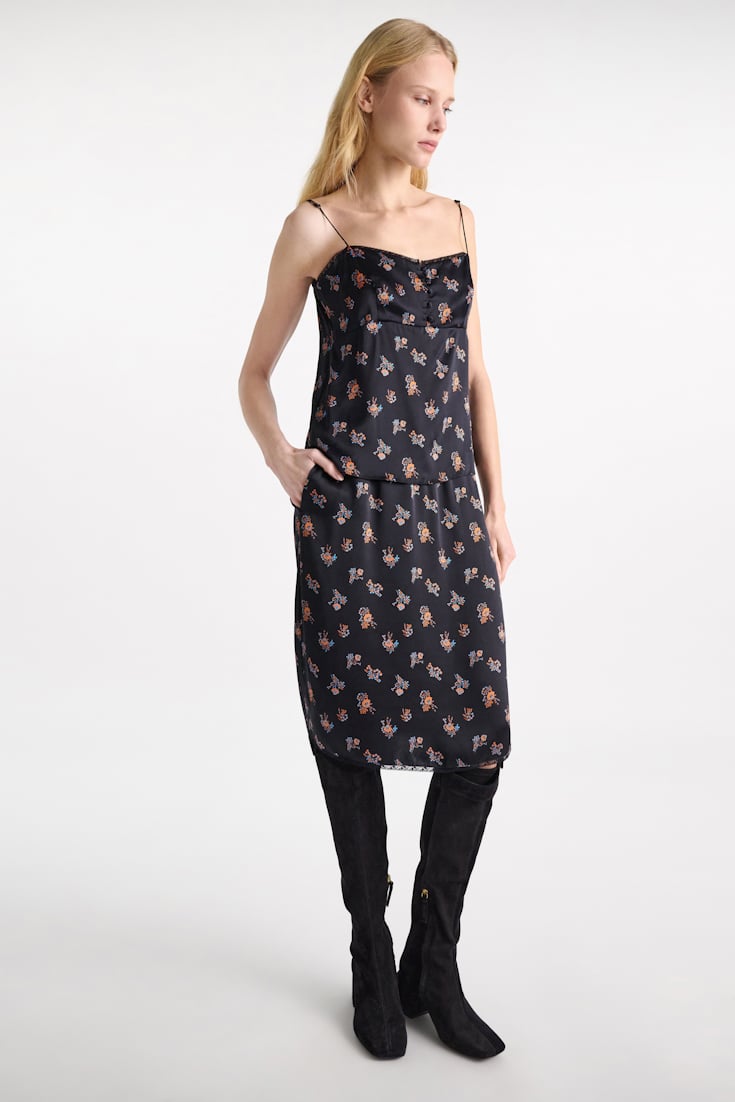 Dorothee Schumacher Lingerie-style skirt in printed silk satin Little Daydream navy orange