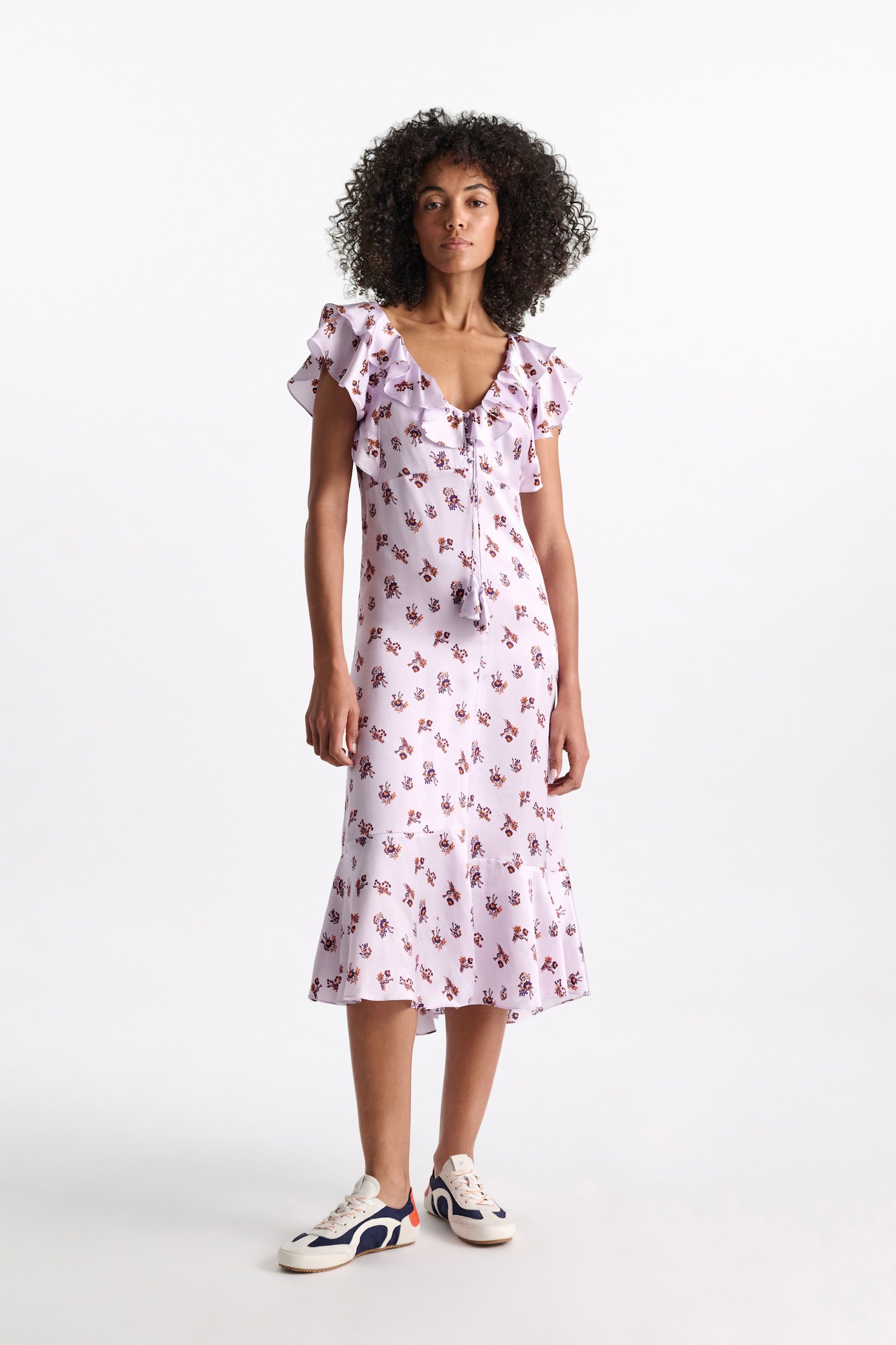 Dorothee Schumacher Sleeveless midi-dress in printed silk satin little daydream lilac