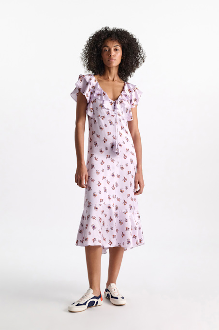 Sleeveless midi-dress in printed silk satin