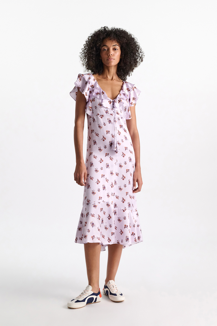 Dorothee Schumacher Sleeveless midi-dress in printed silk satin little daydream lilac