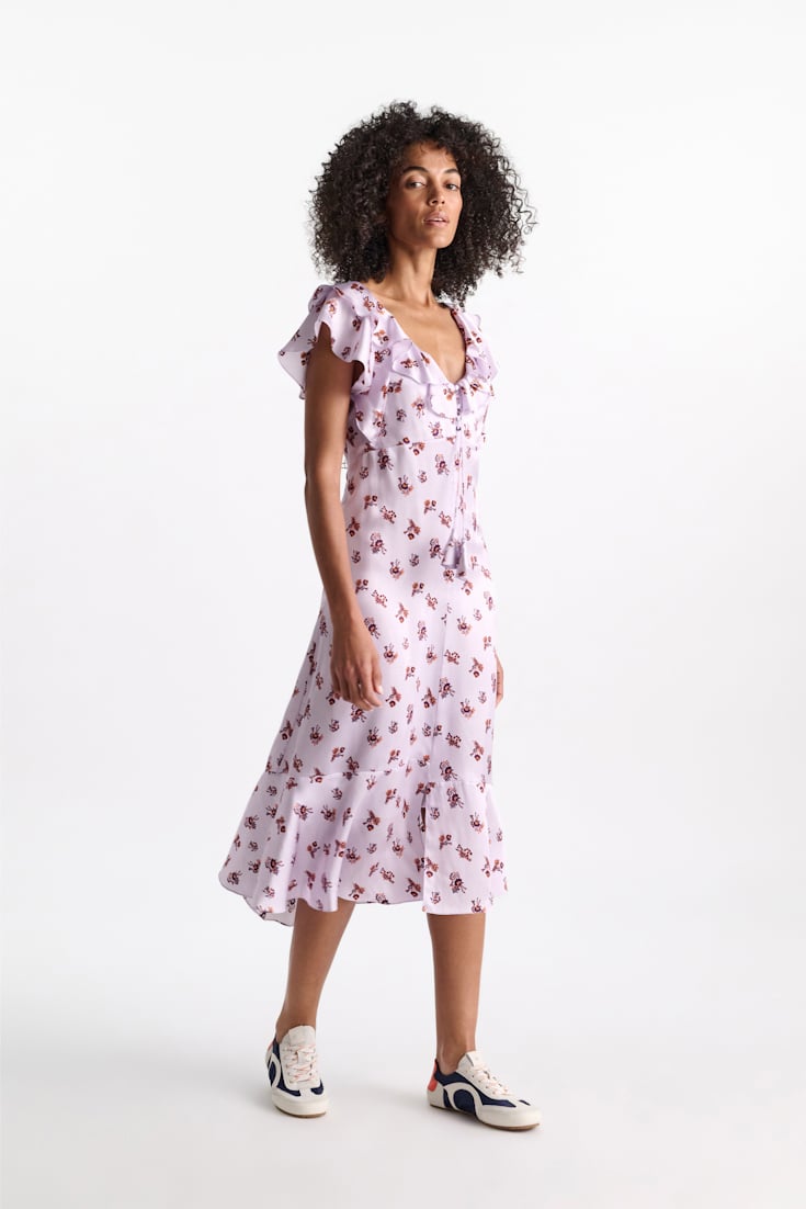 Dorothee Schumacher Sleeveless midi-dress in printed silk satin little daydream lilac
