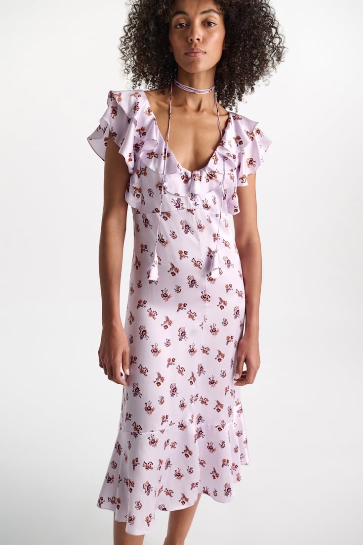 Dorothee Schumacher Sleeveless midi-dress in printed silk satin little daydream lilac