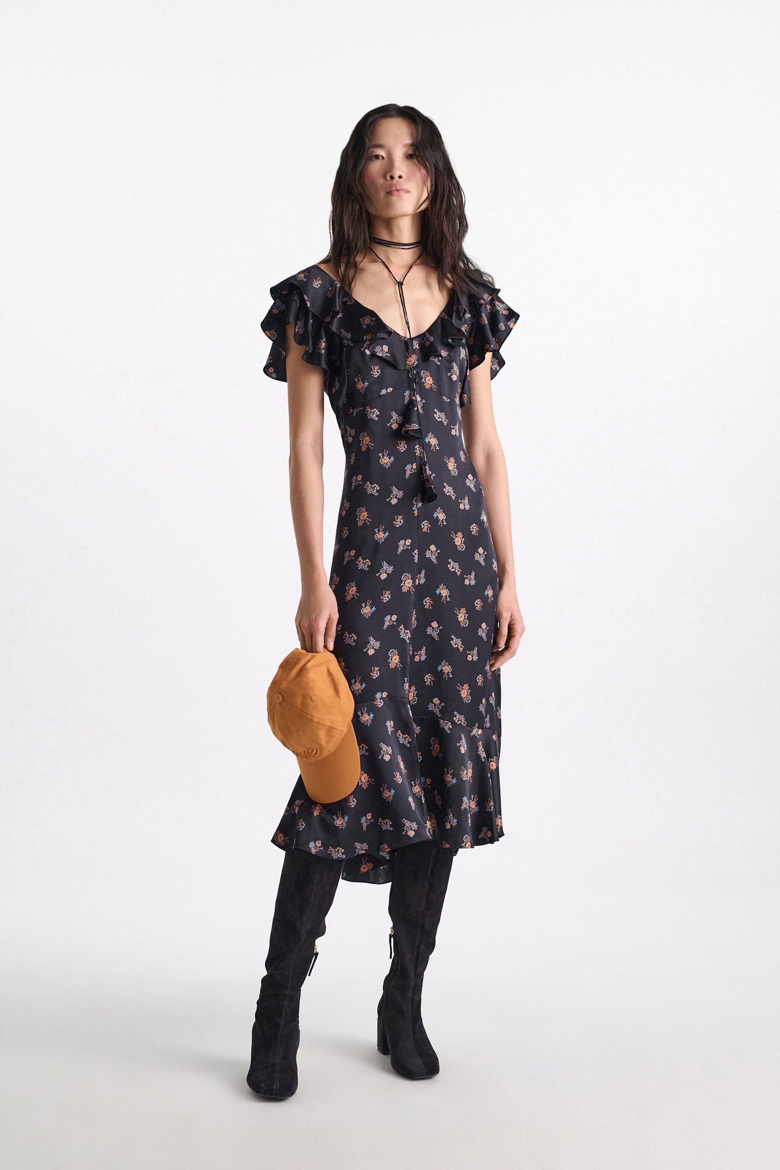 Dorothee Schumacher Sleeveless midi-dress in printed silk satin Little Daydream navy orange