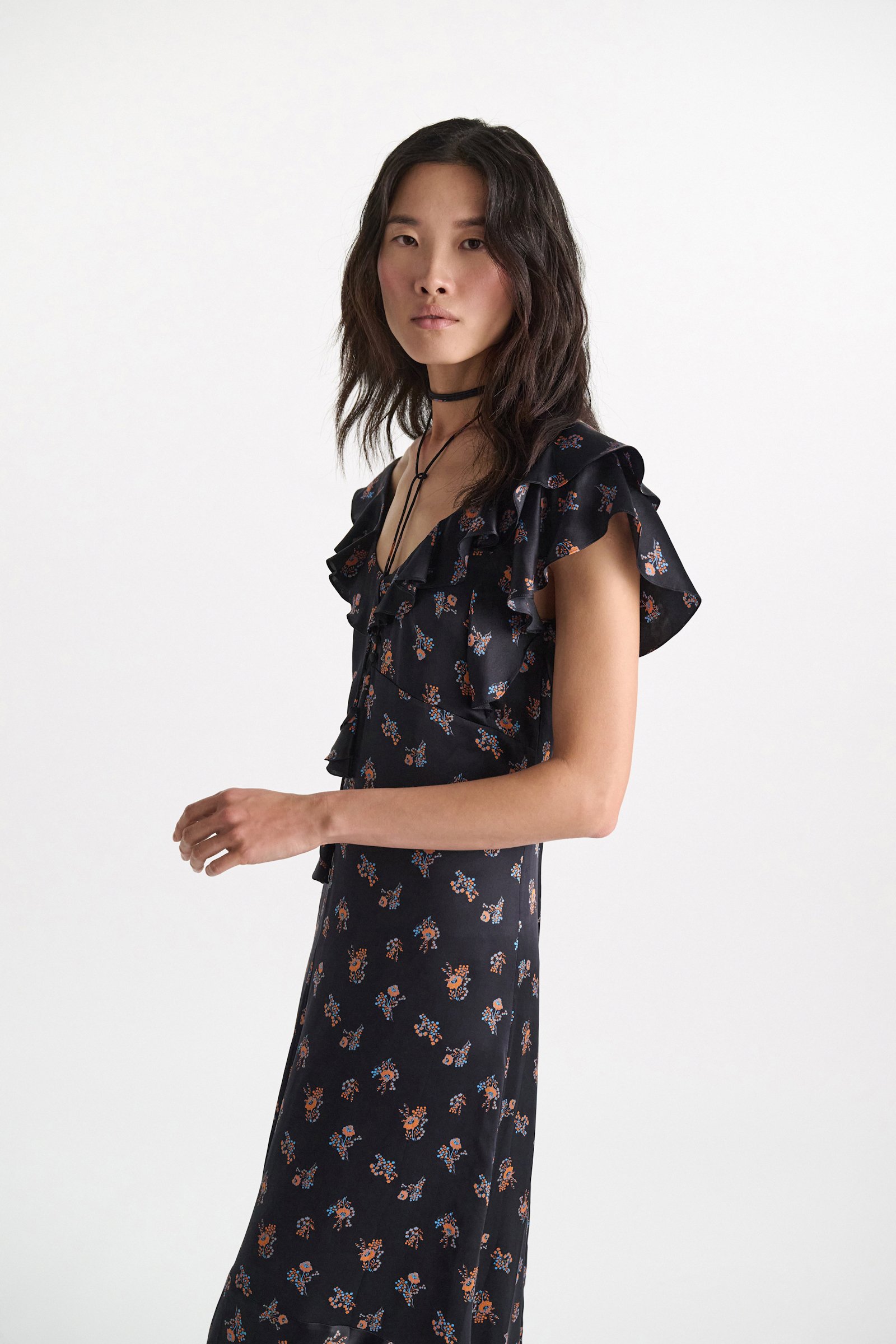 Dorothee Schumacher Sleeveless midi-dress in printed silk satin Little Daydream navy orange