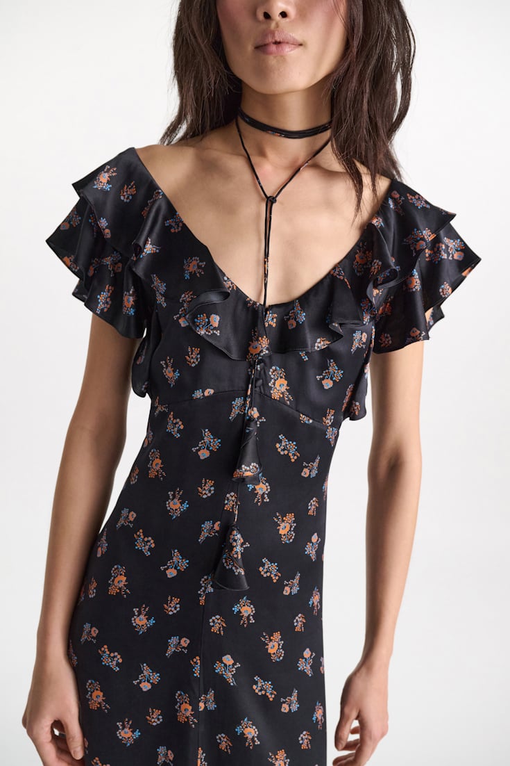 Dorothee Schumacher Sleeveless midi-dress in printed silk satin Little Daydream navy orange