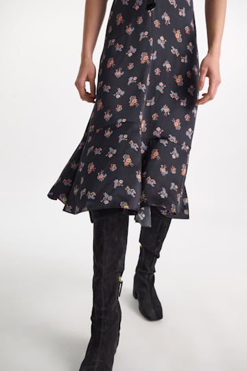 Dorothee Schumacher Midi-Kleid aus bedrucktem Seidensatin Little Daydream navy orange