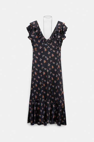 Dorothee Schumacher Sleeveless midi-dress in printed silk satin Little Daydream navy orange