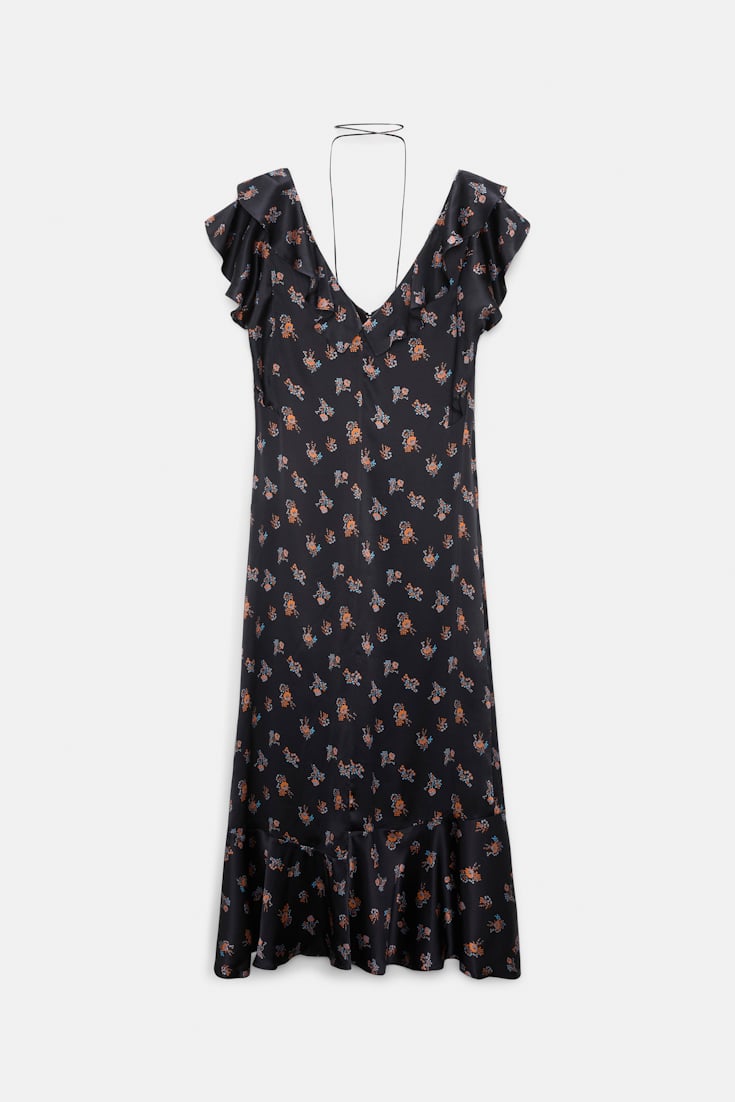 Dorothee Schumacher Sleeveless midi-dress in printed silk satin Little Daydream navy orange