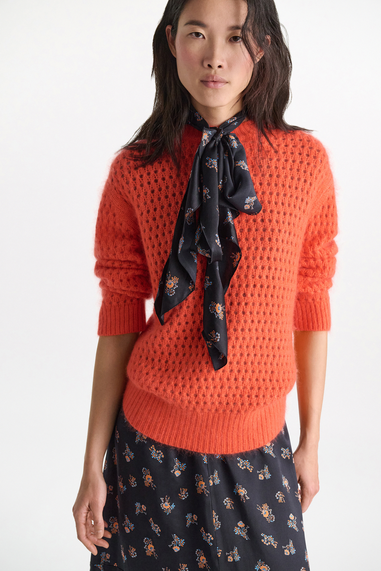 Dorothee Schumacher Silk-satin signature print flounce scarf Little Daydream navy orange