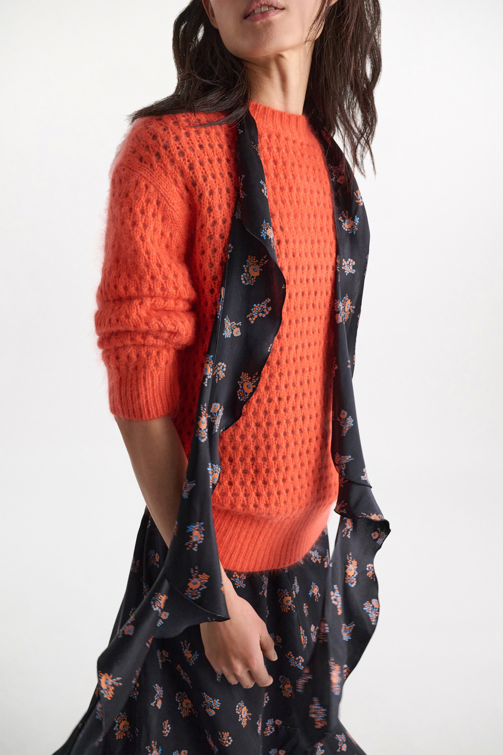 Dorothee Schumacher Silk-satin signature print flounce scarf Little Daydream navy orange