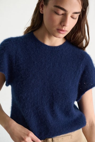 Dorothee Schumacher Cashmere top with pointelle sleeves ocean