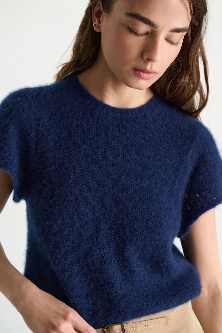 Dorothee Schumacher Cashmere top with pointelle sleeves ocean