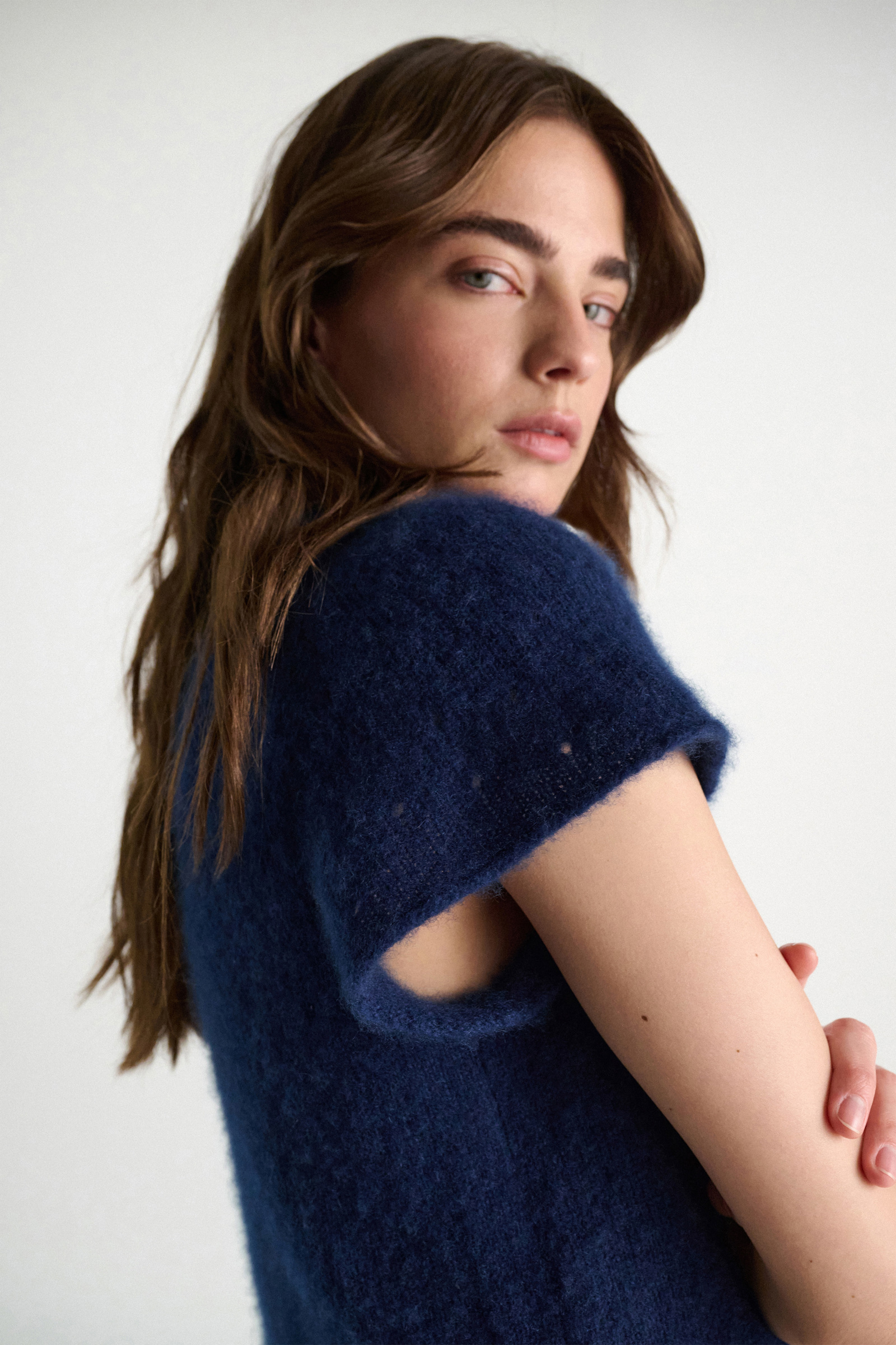 Dorothee Schumacher Cashmere top with pointelle sleeves ocean