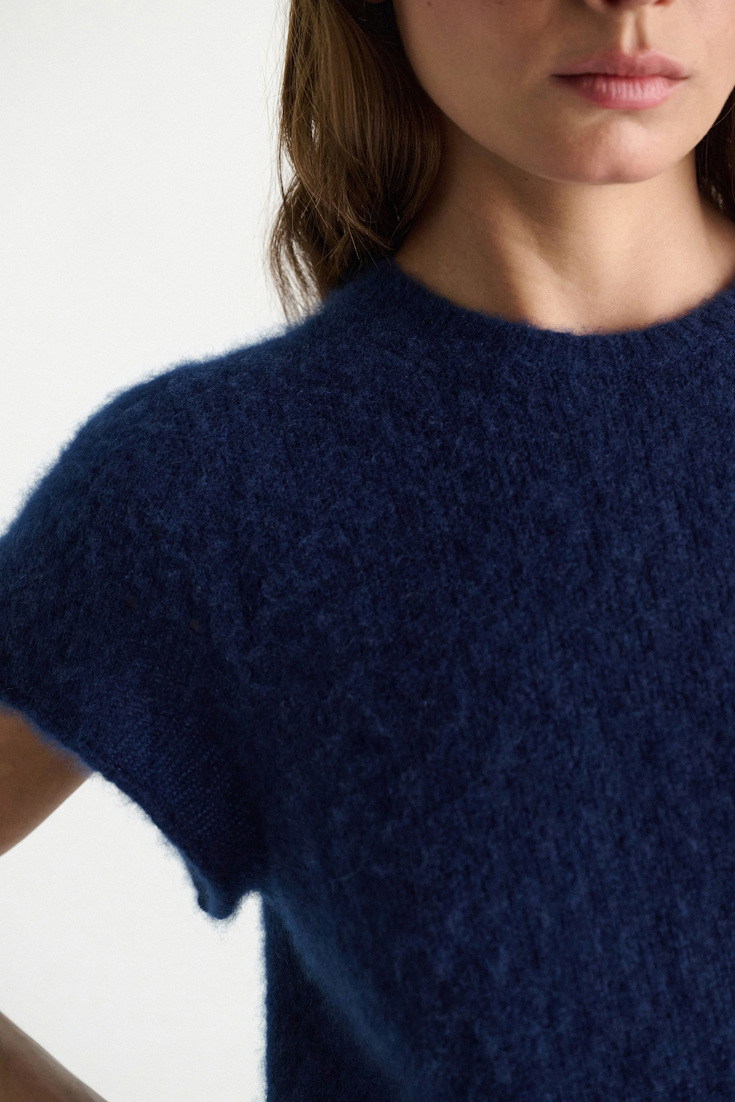 Dorothee Schumacher Cashmere top with pointelle sleeves ocean