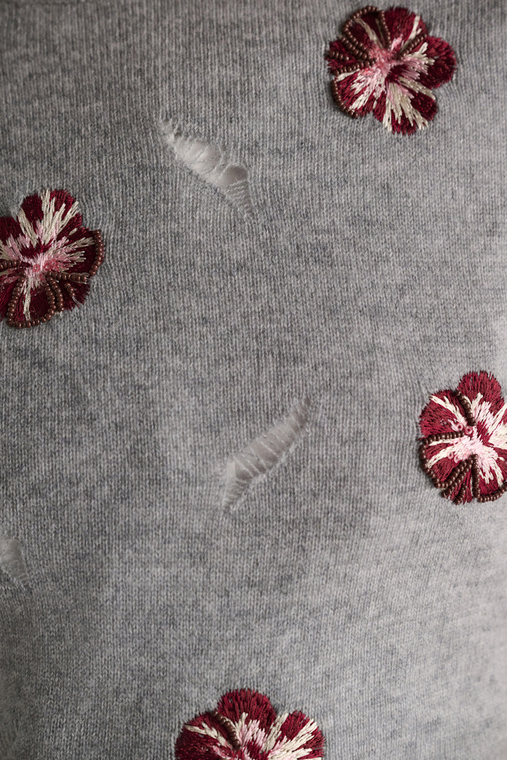 Dorothee Schumacher Kurzärmeliges, besticktes Oberteil aus Merino und Kaschmir grey blooming bordeaux