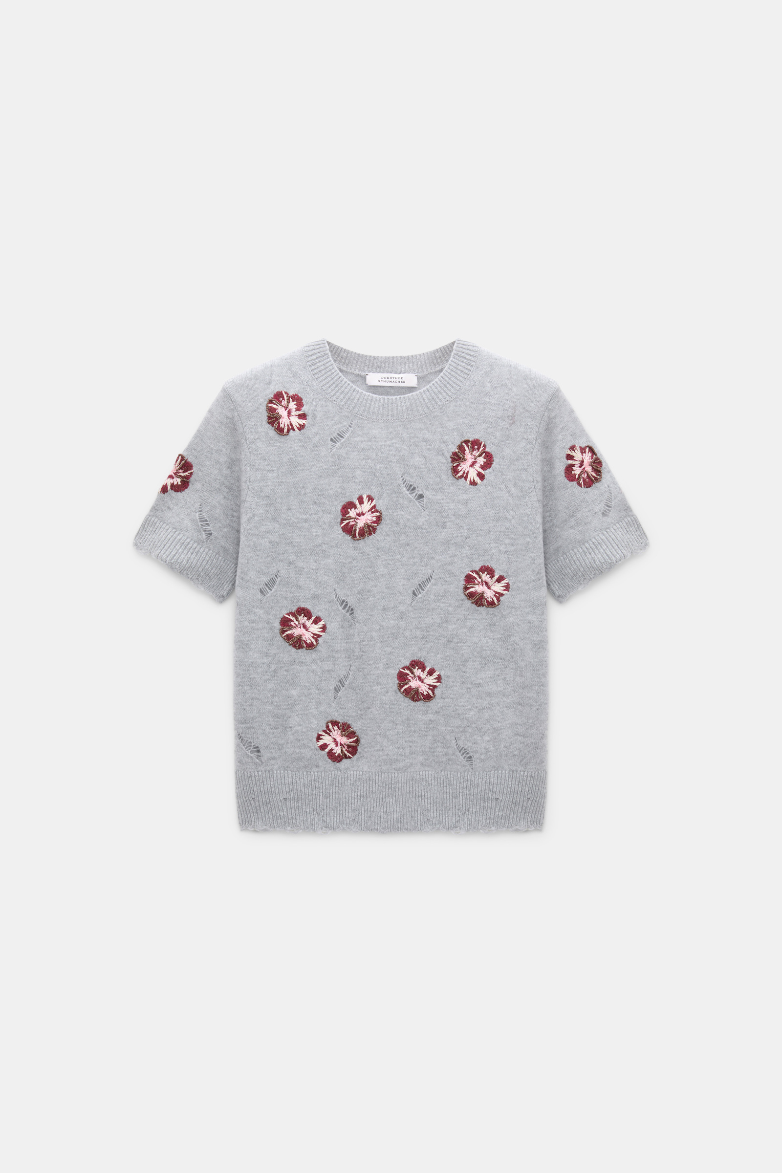 Dorothee Schumacher Kurzärmeliges, besticktes Oberteil aus Merino und Kaschmir grey blooming bordeaux