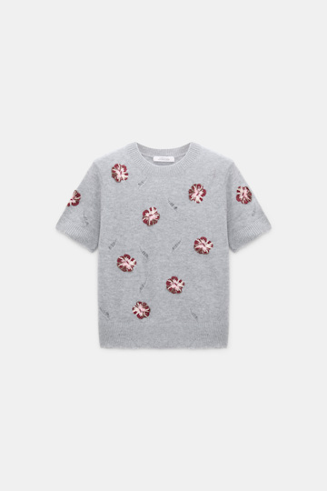 Dorothee Schumacher Kurzärmeliges, besticktes Oberteil aus Merino und Kaschmir grey blooming bordeaux