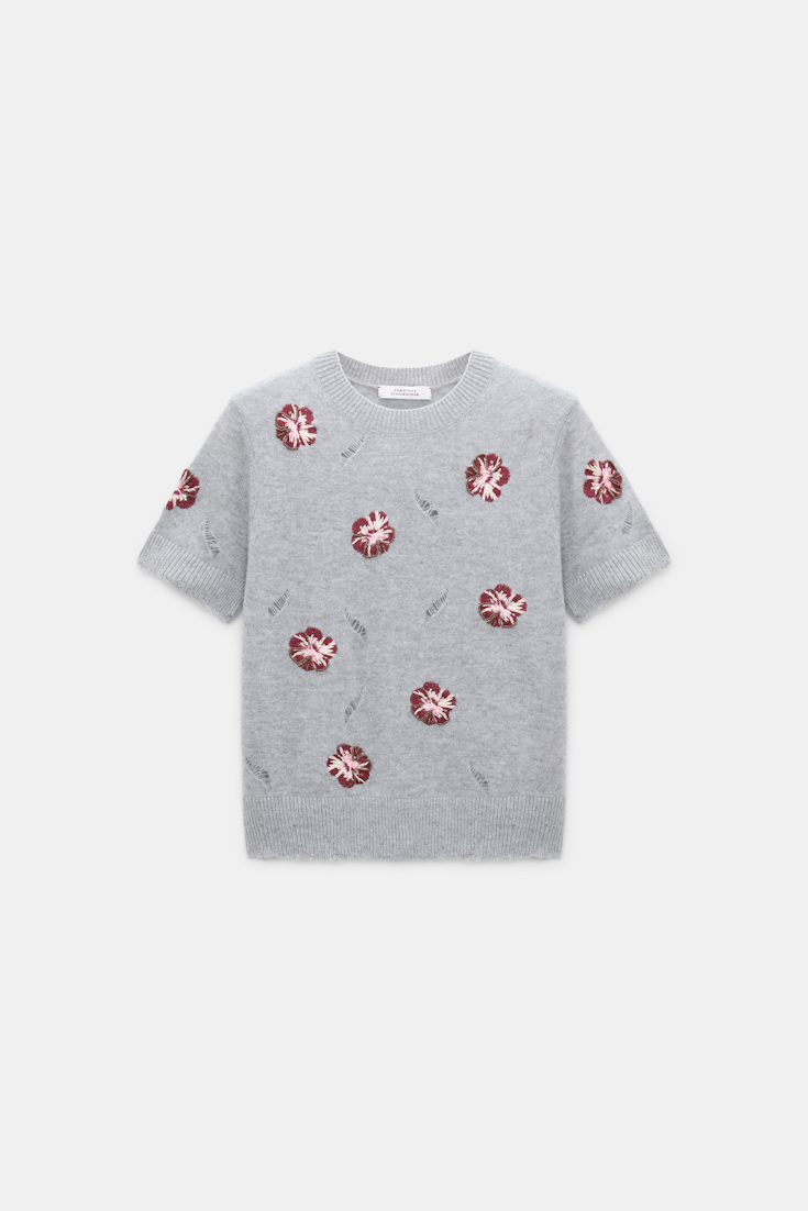 Dorothee Schumacher Kurzärmeliges, besticktes Oberteil aus Merino und Kaschmir grey blooming bordeaux