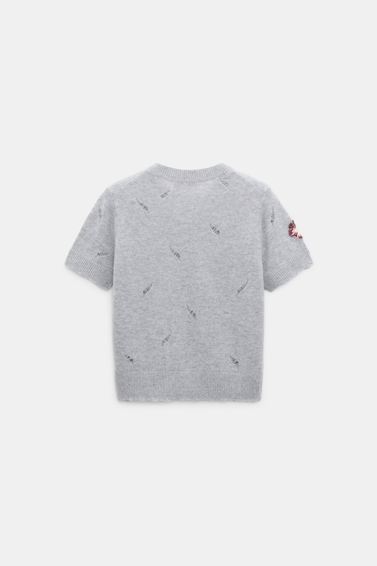 Dorothee Schumacher Kurzärmeliges, besticktes Oberteil aus Merino und Kaschmir grey blooming bordeaux