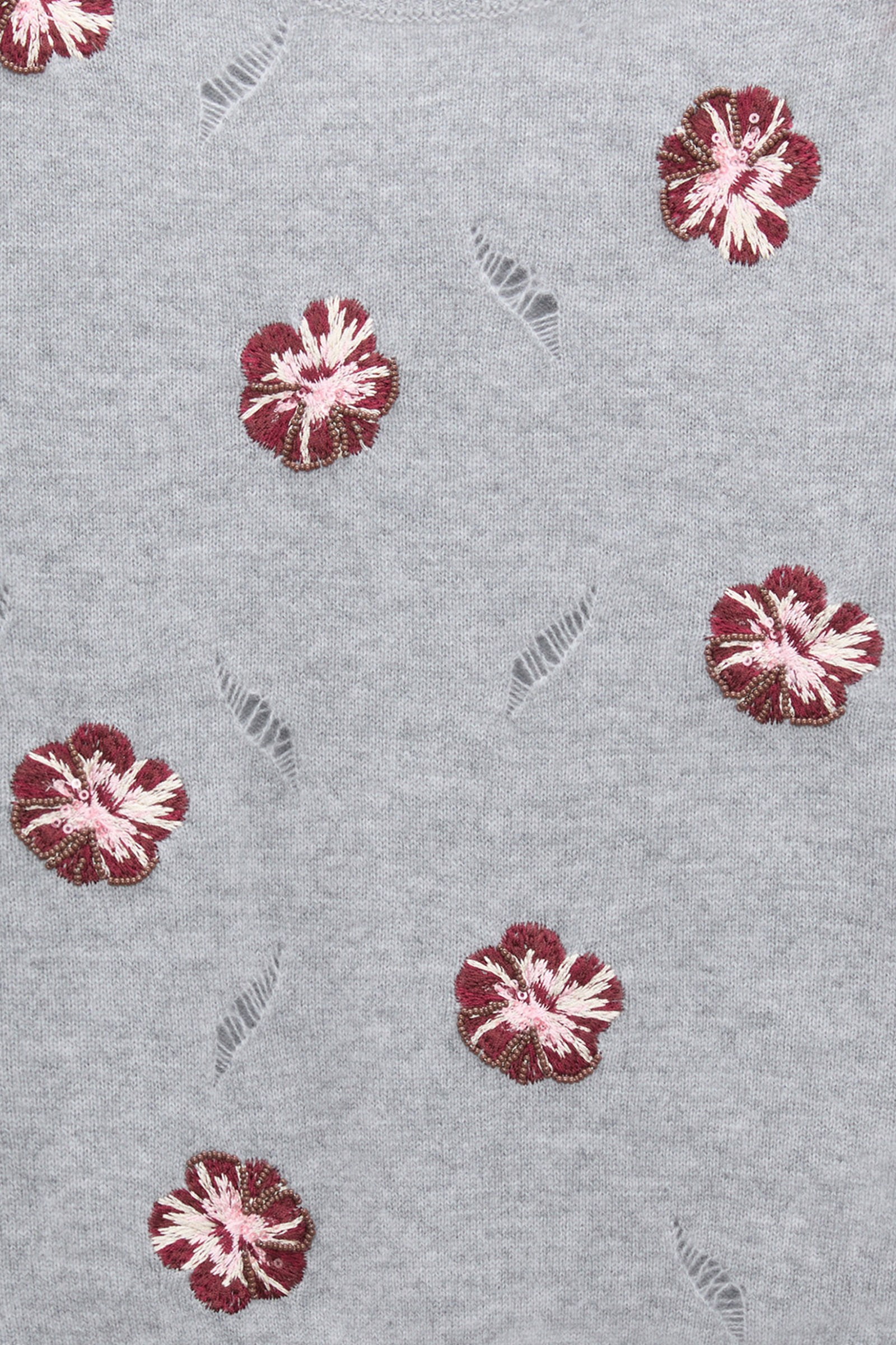 Dorothee Schumacher Kurzärmeliges, besticktes Oberteil aus Merino und Kaschmir grey blooming bordeaux