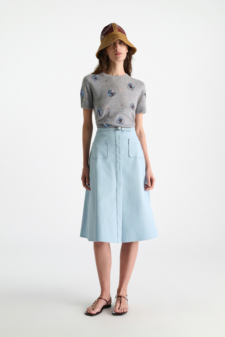 Dorothee Schumacher Embellished Merino-cashmere top grey blooming blue