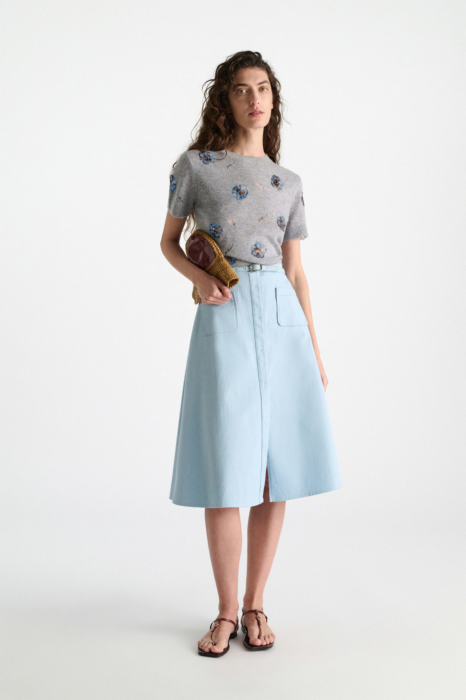 Dorothee Schumacher Embellished Merino-cashmere top grey blooming blue