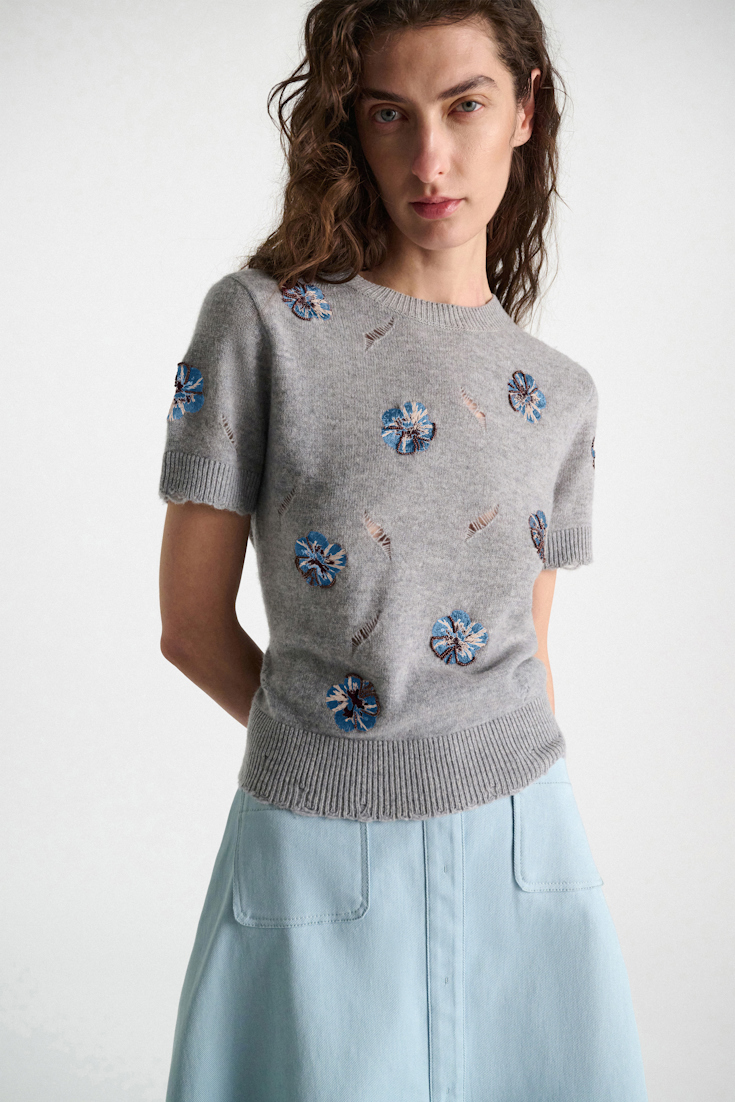 Dorothee Schumacher Embellished Merino-cashmere top grey blooming blue