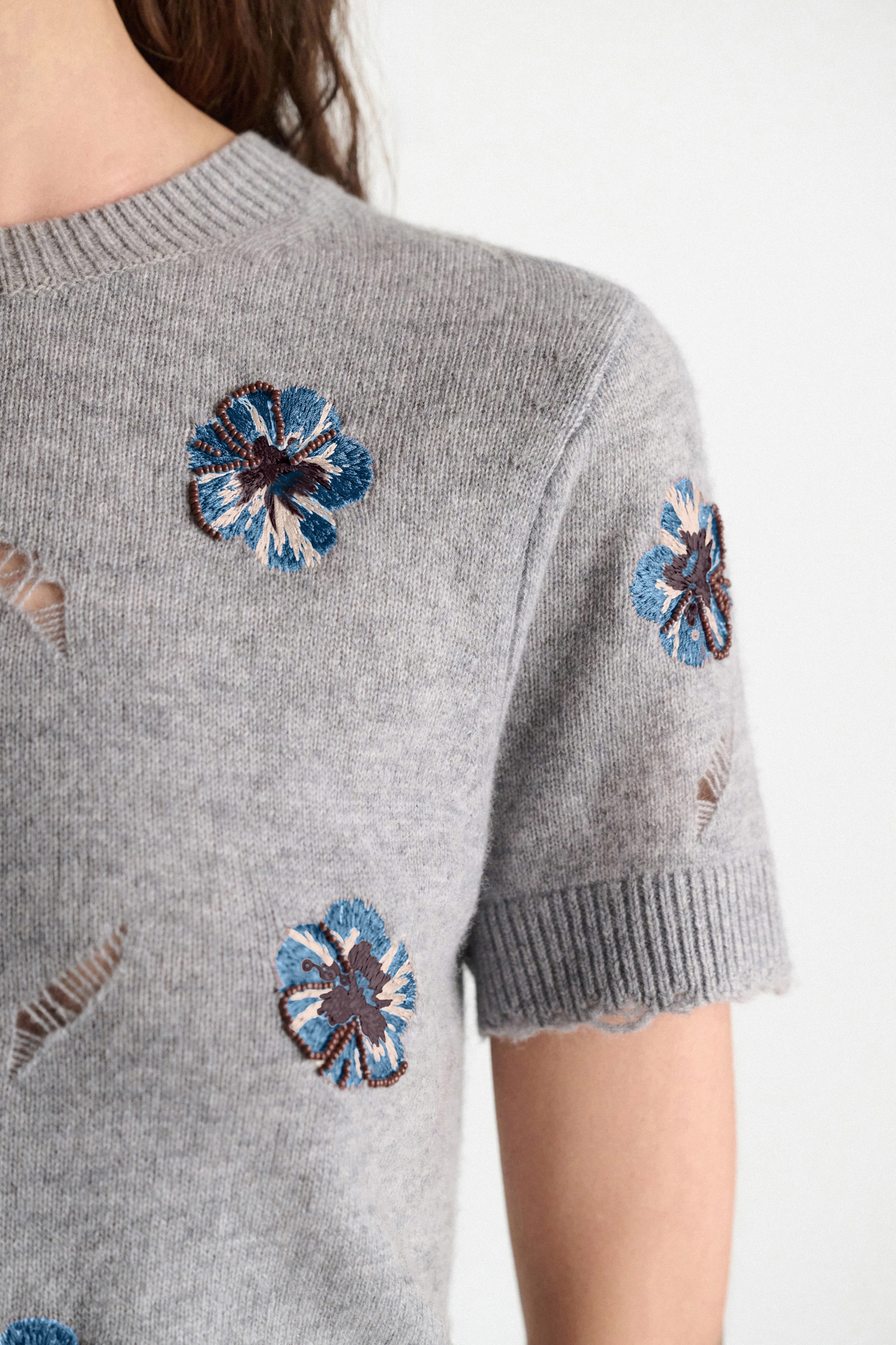 Dorothee Schumacher Embellished Merino-cashmere top grey blooming blue