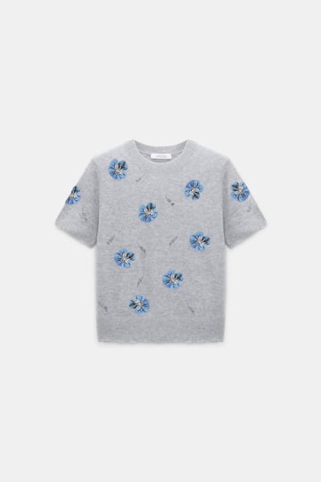 Dorothee Schumacher Embellished Merino-cashmere top grey blooming blue