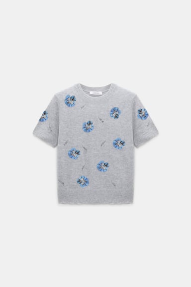 Dorothee Schumacher Embellished Merino-cashmere top grey blooming blue