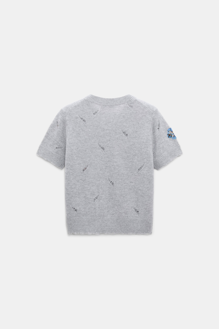 Dorothee Schumacher Embellished Merino-cashmere top grey blooming blue