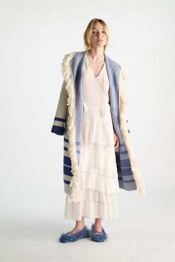 Dorothee Schumacher Jacquard knit coat with fringe flower blue