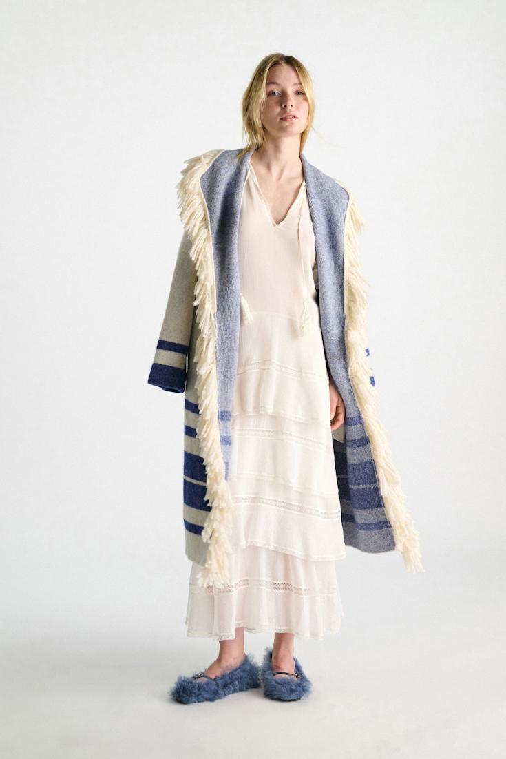 Dorothee Schumacher Jacquard knit coat with fringe flower blue