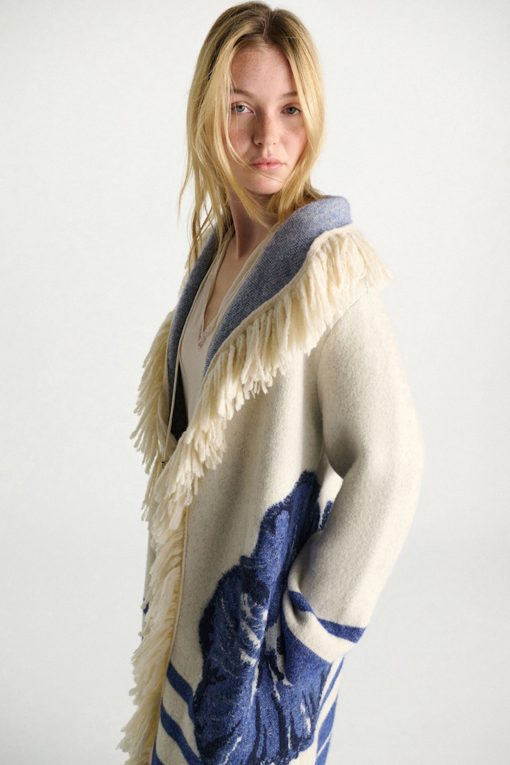 Dorothee Schumacher Jacquard knit coat with fringe flower blue