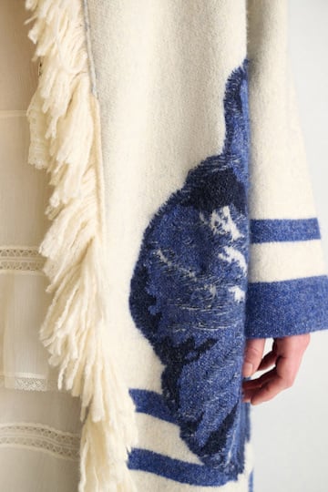 Dorothee Schumacher Jacquard knit coat with fringe flower blue