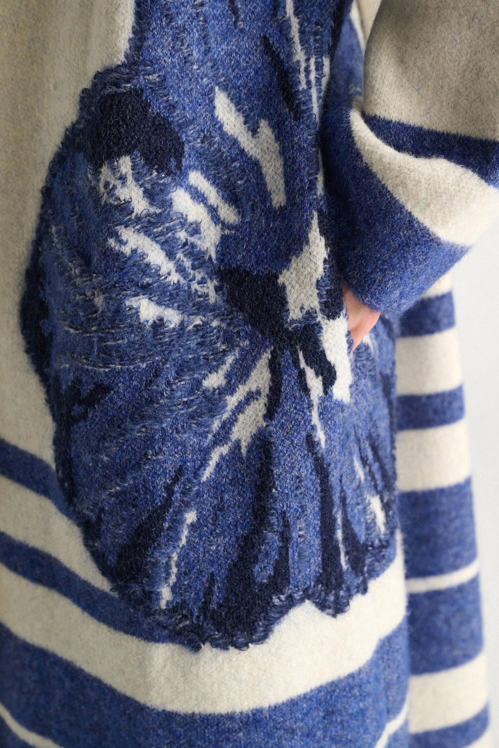 Dorothee Schumacher Jacquard knit coat with fringe flower blue