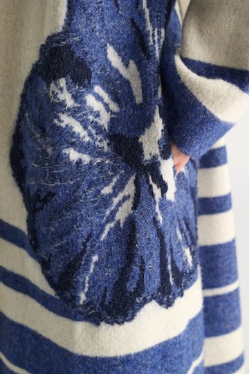 Dorothee Schumacher Jacquard knit coat with fringe flower blue