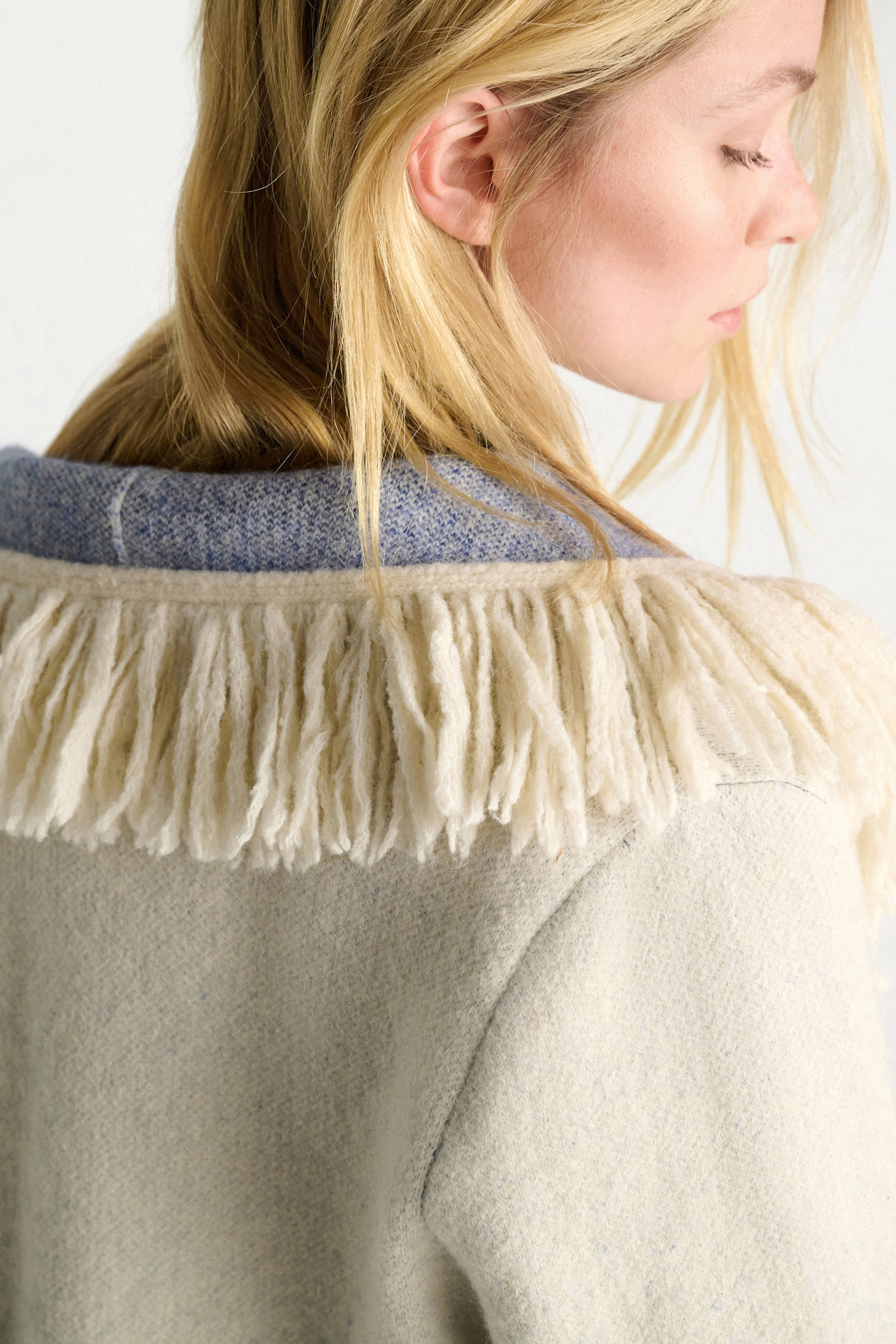 Dorothee Schumacher Jacquard knit coat with fringe flower blue