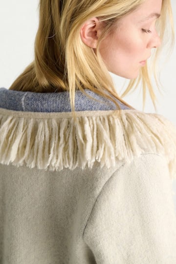 Dorothee Schumacher Jacquard knit coat with fringe flower blue