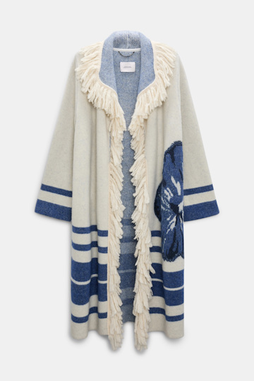 Dorothee Schumacher Jacquard knit coat with fringe flower blue