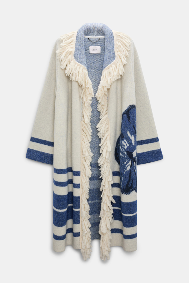 Dorothee Schumacher Jacquard knit coat with fringe flower blue