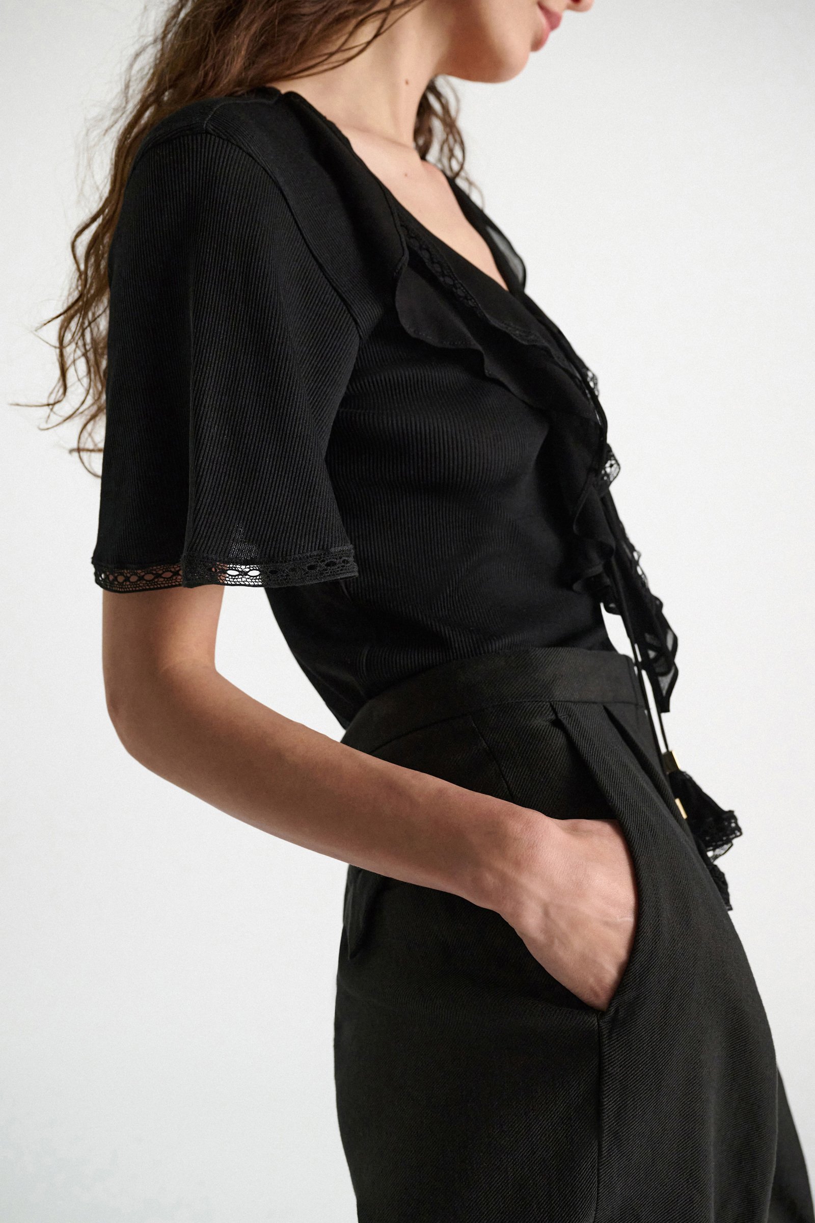 Dorothee Schumacher Blouse-style T-shirt with laced plastron pure black