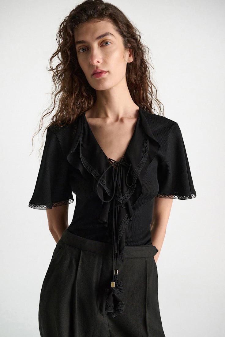 Dorothee Schumacher Blouse-style T-shirt with laced plastron pure black