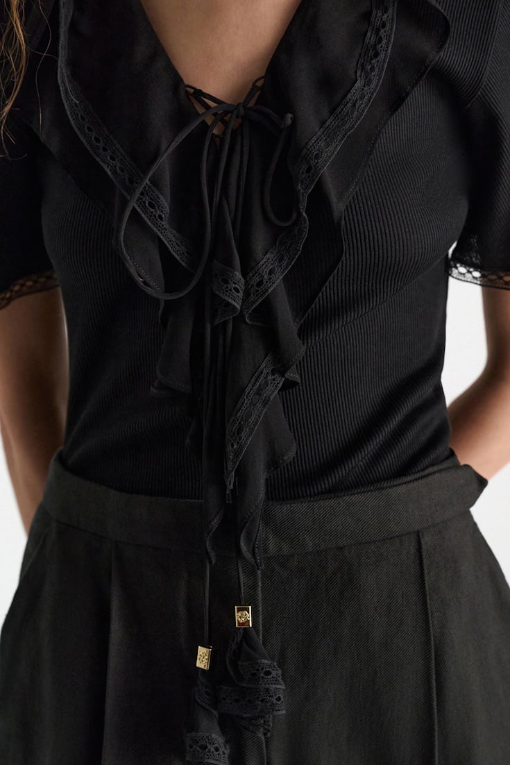 Dorothee Schumacher Blouse-style T-shirt with laced plastron pure black