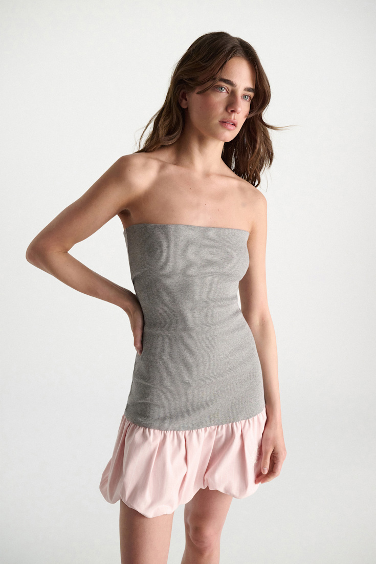 Dorothee Schumacher Long bandeau styling piece with peplum grey mel. + rosé stripe poplin