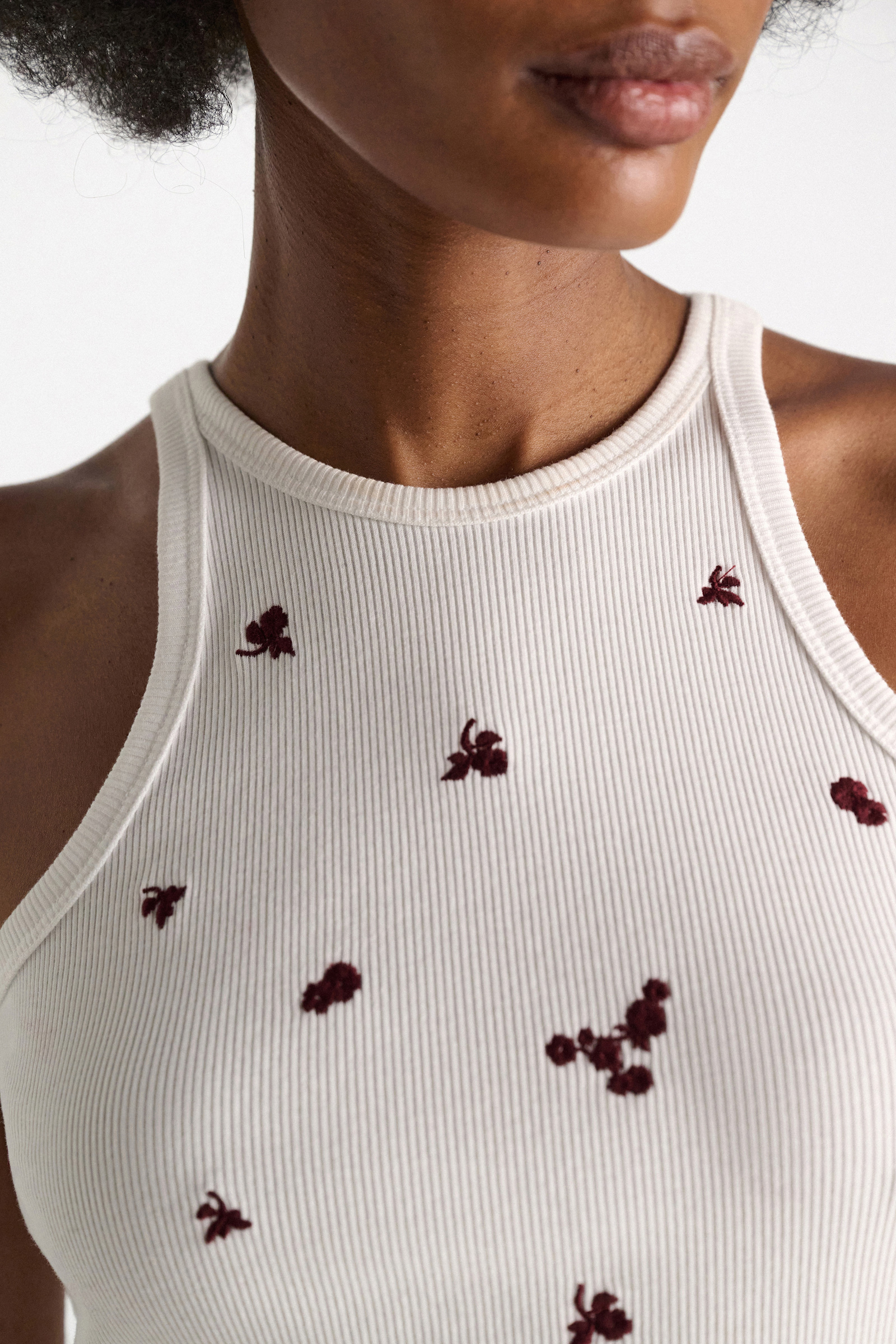 Dorothee Schumacher Fine rib cotton tank top dark burgundy embroidery