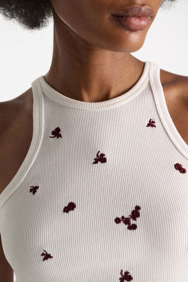 Dorothee Schumacher Fine rib cotton tank top dark burgundy embroidery