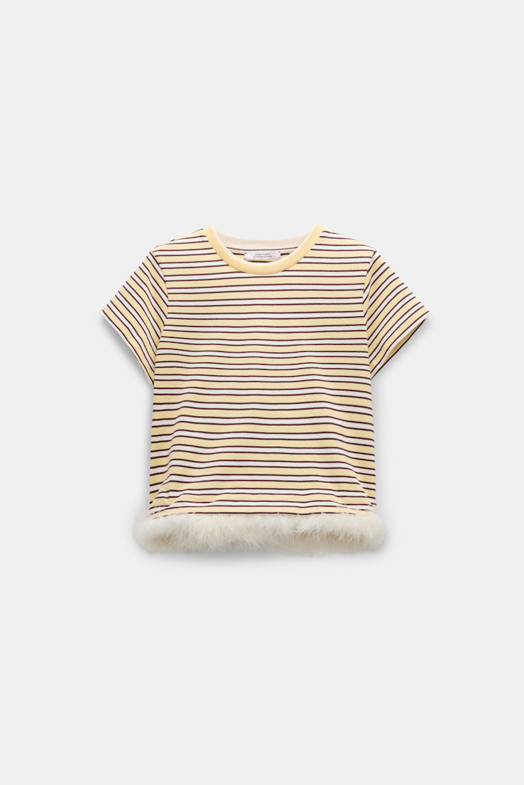Dorothee Schumacher Gestreiftes T-Shirt mit Federbesatz jersey stripe